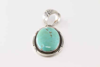 Native America Navajo Sterling Silver Kingman Turquoise Pendant By Alfred Martinez.