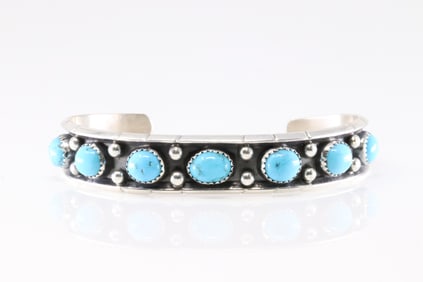 Native America Navajo Sterling Silver Kingman Turquoise Bracelet Cuff By Reed Charley.