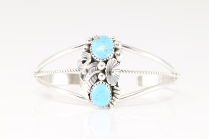 Native America Navajo Sterling Silver Kingman Turquoise Bracelet Cuff By Max Calladito.