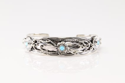Native America Navajo Sterling Silver Turquoise Bracelet Floral Cuff By Bessie Joe.
