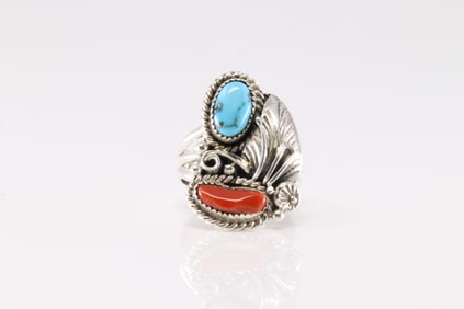 Native America Navajo Sterling Silver Coral & Turquoise Ring Leaf.