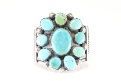 Native America Navajo Sterling Silver Kingman Turquoise Bracelet Cuff By Tilly John.