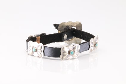 Native America Navajo Sterling Silver Turquoise Leather Bracelet By Joan Begay.
