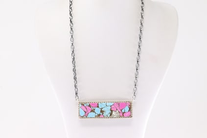 Native America Navajo Sterling Silver Cotton Candy Necklace By Brandon Etcitty.