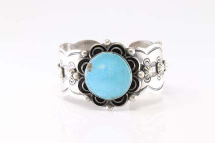 Native America Navajo Sterling Silver Kingman Turquoise Bracelet Cuff By Chimney Butte.