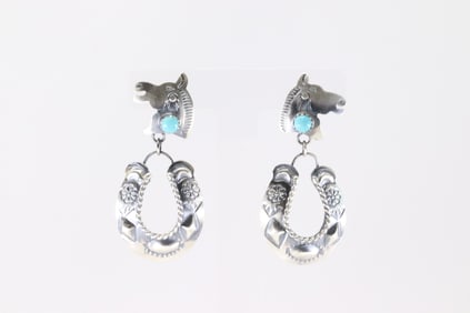 Native America Navajo Sterling Silver Kingman Turquoise Horse Post / Dangling Earring's By Loritta