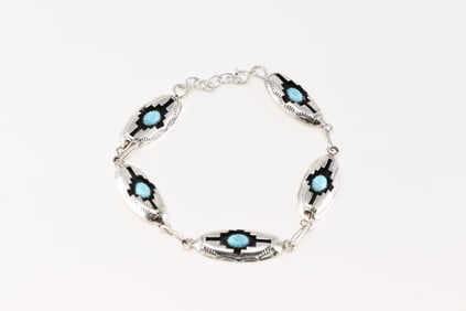 Native America Navajo Sterling Silver Turquoise Bracelet Link By Felix Perry.