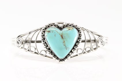 Native America Navajo Sterling Silver Kingman Turquoise Heart Bracelet Cuff By Jimmy Garcia.