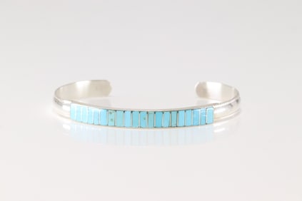 Native America Zuni Sterling Silver Turquoise Inlay Bracelet Cuff By Orlando Laweeka.