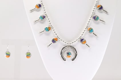 Native America Navajo Sterling Silver Multi-Color Stone Inlay Squash Blossom Necklace & Earring's
