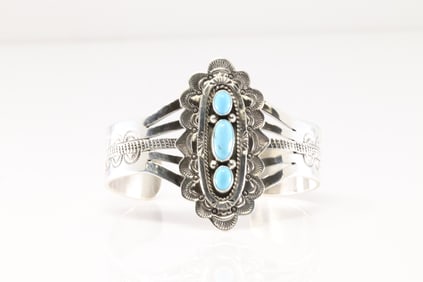 Native America Navajo Sterling Silver Turquoise Bracelet Cuff By Eula Wylie.