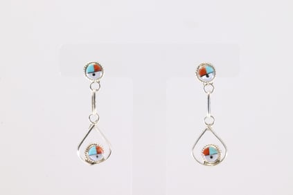 Native America Zuni Sterling Silver Multi-Color Stone Post / Dangling Earring's By Iris Neha.