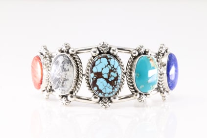 Native America Navajo Sterling Silver Multi-Color Stone Bracelet Cuff By E.Garfield.D.
