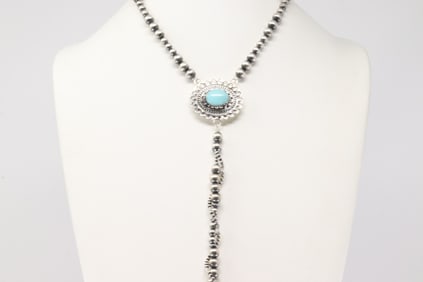 Native America Navajo Sterling Silver Kingman Turquoise / Pearl Beaded  Necklace By Lucinda Sardo.