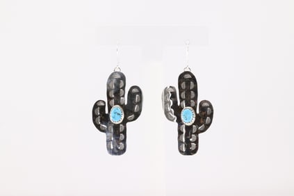 Native America Navajo Sterling Silver Turquoise Cactus Dangling Earring's By Aaron Davis.