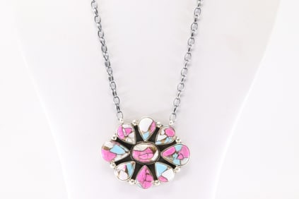 Native America Navajo Sterling Silver Cotton Candy Necklace By Gerildine James.