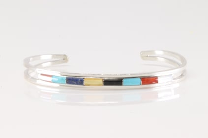 Native America Zuni Sterling Silver Multi-Color Stone Inlay Bracelet Cuff By A.L.W.