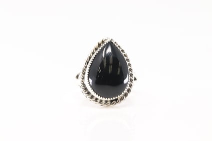 Native America Navajo Sterling Silver Black Onyx Ring By Arlene Lewis.