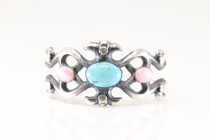 Native America Navajo Sterling Silver Oink Conch Shell & Kingman Turquoise Bracelet Cuff By Chimney