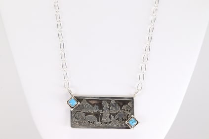 Native America Navajo Sterling Silver Turquoise Storyteller Necklace By Robin Wood.