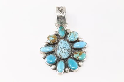Native America Navajo Sterling Silver Kingman Turquoise Pendant By Geraldine James.