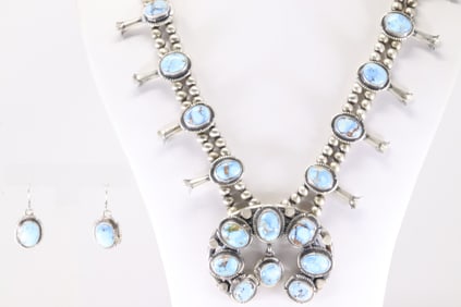 Native America Navajo Sterling Silver Golden Hill Turquoise Squash Blossom Necklace & Earring's Set