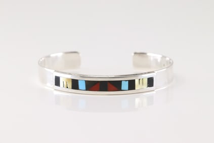Native America Zuni Sterling Silver Multi-Color Stone Inlay Bracelet Cuff By Leander Othole.