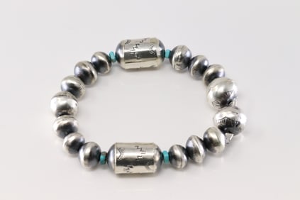 Native America Navajo Sterling Silver Stretch Pearl Beaded / Turquoise By Tylena Nez.