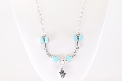 Native America Navajo Sterling Silver Turquoise Arrow Necklace By Phyllis A Smith.