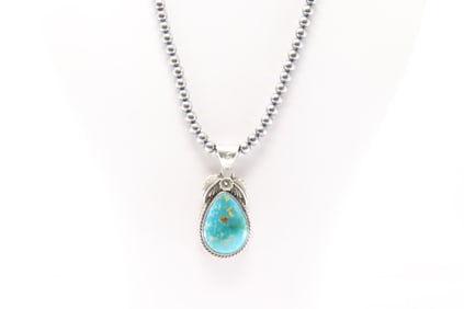 Native America Navajo Sterling Silver Kingman Turquoise Pendant By Jimson Belin. With Pearl Beaded
