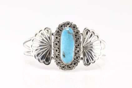 Native America Navajo Sterling Silver Turquoise Bracelet Cuff By Angie Platero.