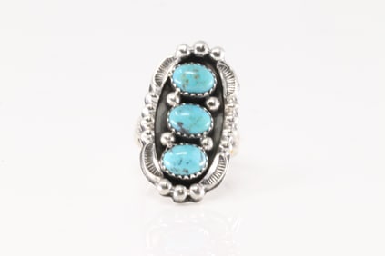 Native America Navajo Sterling Silver Turquoise Ring 3 Stone By Jimmy Garcia.