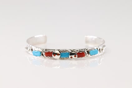 Native America Zuni Sterling Silver Coral & Turquoise Bracelet Cuff By Joy Calabaza.