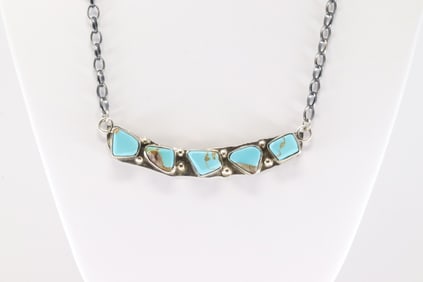 Native America Zuni Sterling Silver Kingman Turquoise Necklace By Jude Candelaria.