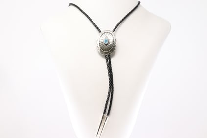 Native America Navajo Sterling Silver Turquoise Bolo Necklace By J.B.