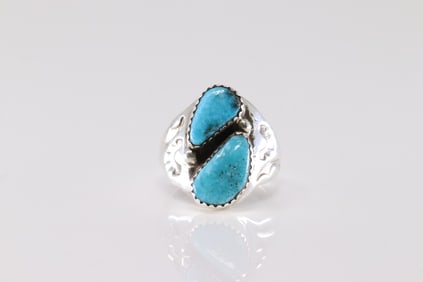 Native America Navajo Sterling Silver Turquoise Ring 2 Stone By M.L.