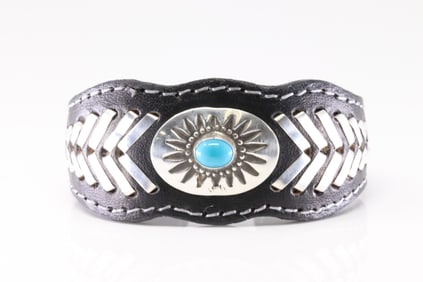 Native America Navajo Sterling Silver Turquoise Leather Bracelet Cuff By F.Armstrong.