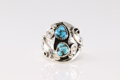 Native America Navajo Sterling Silver Turquoise Ring 2 Stone By B.