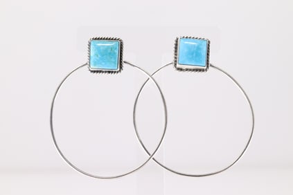 Native America Navajo Sterling Silver Kingman Turquoise Post / Hoop Earring's By Elouise Kee.