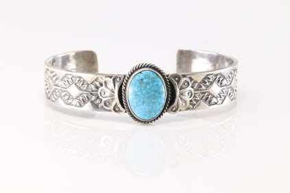 Native America Navajo Sterling Silver Kingman Turquoise Bracelet Cuff By Sunshine Reeves.