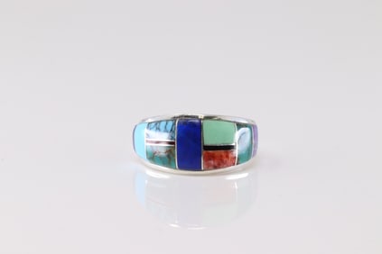 Native America Navajo Sterling Silver Multi-Color Stone Ring By Yazzie.