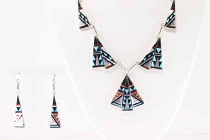 Native America Zuni Sterling Silver Multi-Color Stone Inlay Necklace & Earring's Set By Kathy Boonei