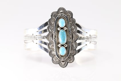 Native America Navajo Sterling Silver Turquoise Bracelet 3 Stone By Eula Wylie.