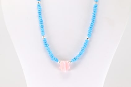 Native America Navajo Sterling Silver Pink Conch Shell & Turquoise Necklace.