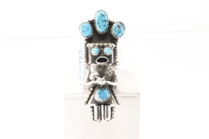 Native America Navajo Sterling Silver Kingman Turquoise Kachina Ring By Doris Canyon.