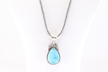 Native America Navajo Sterling Silver Kingman Turquoise Pendant By Jimson Belin. With Pearl Beaded