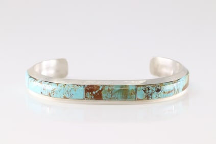 Native America Navajo Sterling Silver Number 8 Turquoise Inlay Bracelet Cuff By Brandon Etcitty.