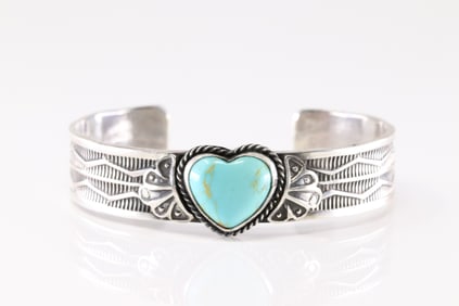 Native America Navajo Sterling Silver Kingman Turquoise Heart Bracelet Cuff By Sunshine Reeves.