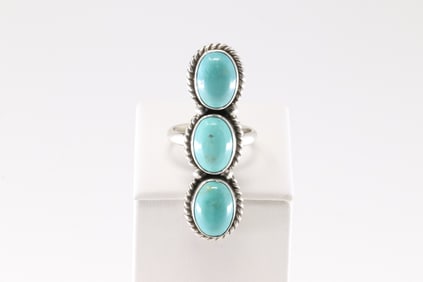 Native American Navajo Sterling Silver Turquoise Ring 3 Stone By Eugene Belone.