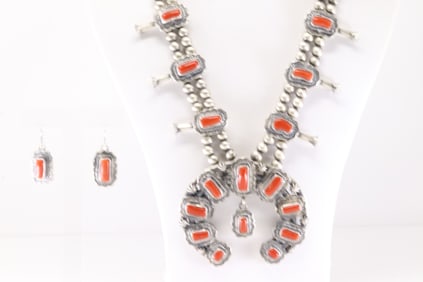 Native American Navajo Sterling Silver Coral Squash Blossom Necklace & Earring's Set By Thomas